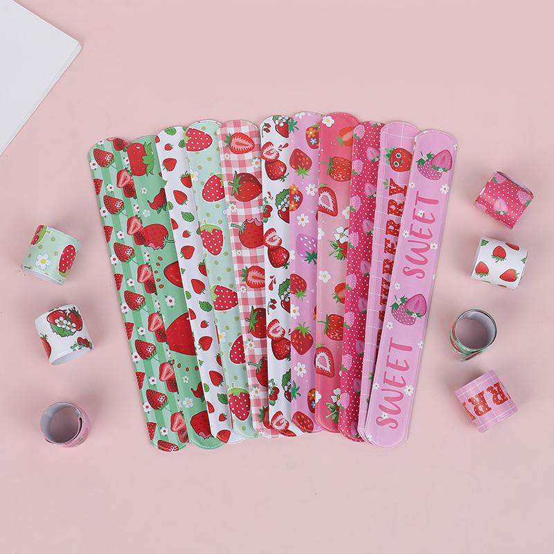 12Pcs Pink Strawberry Sweet Fruit Slap Bracelets Toy for Kids Girl Birthday Party Favors Baby Shower Guest Gifts Pinata Fillers