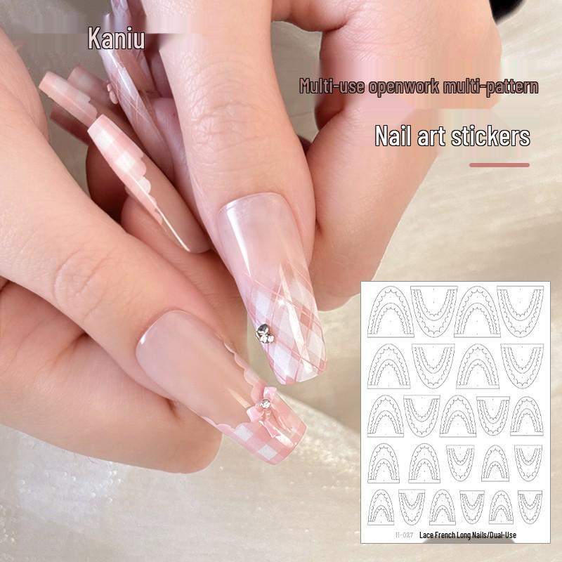 

Plaid French Nail Art Stickers with Lace and Gradient Self-Adhesive Designs