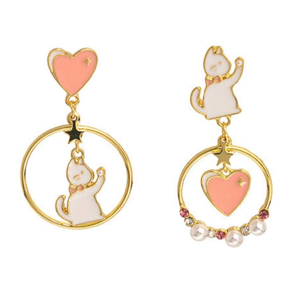 1 Pair Stud Earrings Japan Korea Style Hollow Ring Rhinestone Faux Pearl Gift Fun Cartoon Cat Love Heart Girls Drop