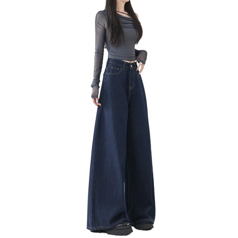 Pocket Dark Blue Wide-leg Jeans for Women In Autumn and Winter New Loose High Waist Drape Versatile Straight Floor Pants