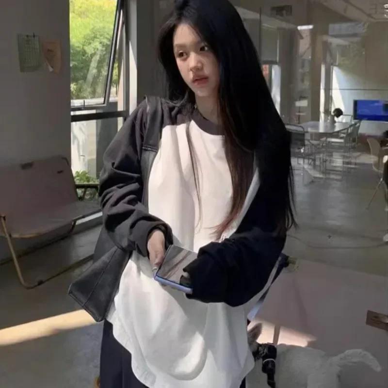 Casual Oversized T-Shirt Y2k Tops Harajuku Long Sleeve O-Neck T-Shirts Spring Autumn Black White Patchwork Tees Women Streetwear