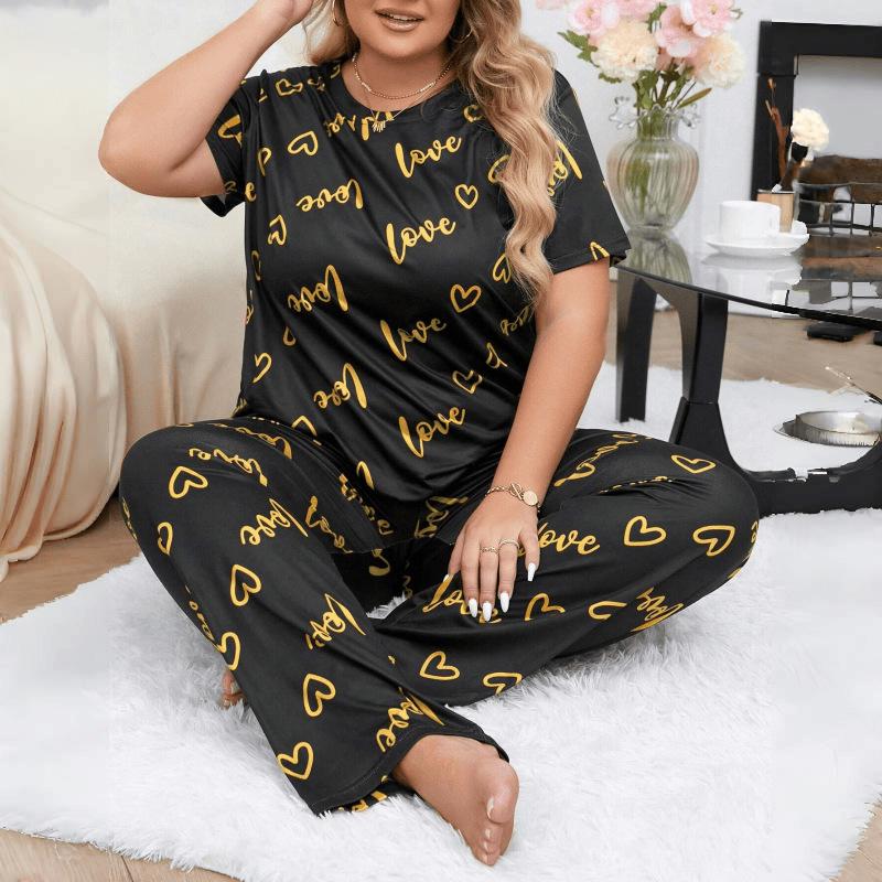 European and American Style Women’s Spring and Summer Pajama Set Plus Size Heart Print Short Sleeve Top and Long Pants Comfortable Loungewear