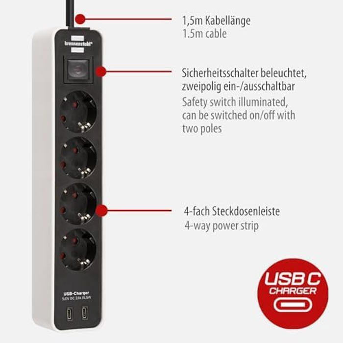 Multiprise - brennenstuhl - ecolor - 4 prises - 2 ports usb c - câble 1,5 m