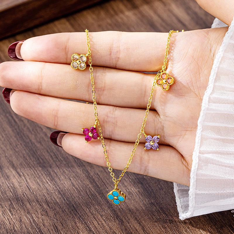 Vietnam Gold Minimalist Four-Leaf Clover Necklace & Zircon-Inlaid Flower Bracelet Set