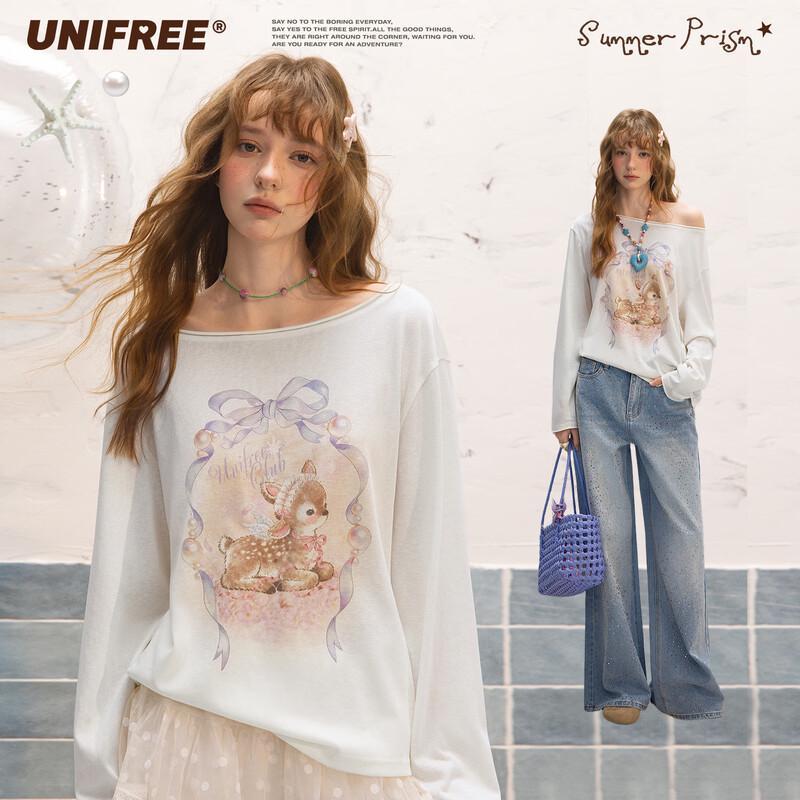 UNIFREE Cute Deer Print Off-Shoulder T-Shirt M