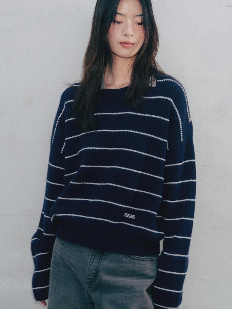 Aenhacheu Stripe Round Knit Navy