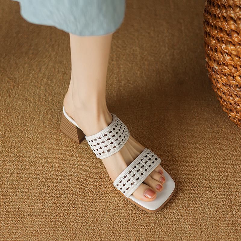 Krazing Pot Klapki z naturalnej skóry z odkrytymi palcami na średnim obcasie, buty letnie, dekoracja pleciona w stylu rzymskim, sandały damskie