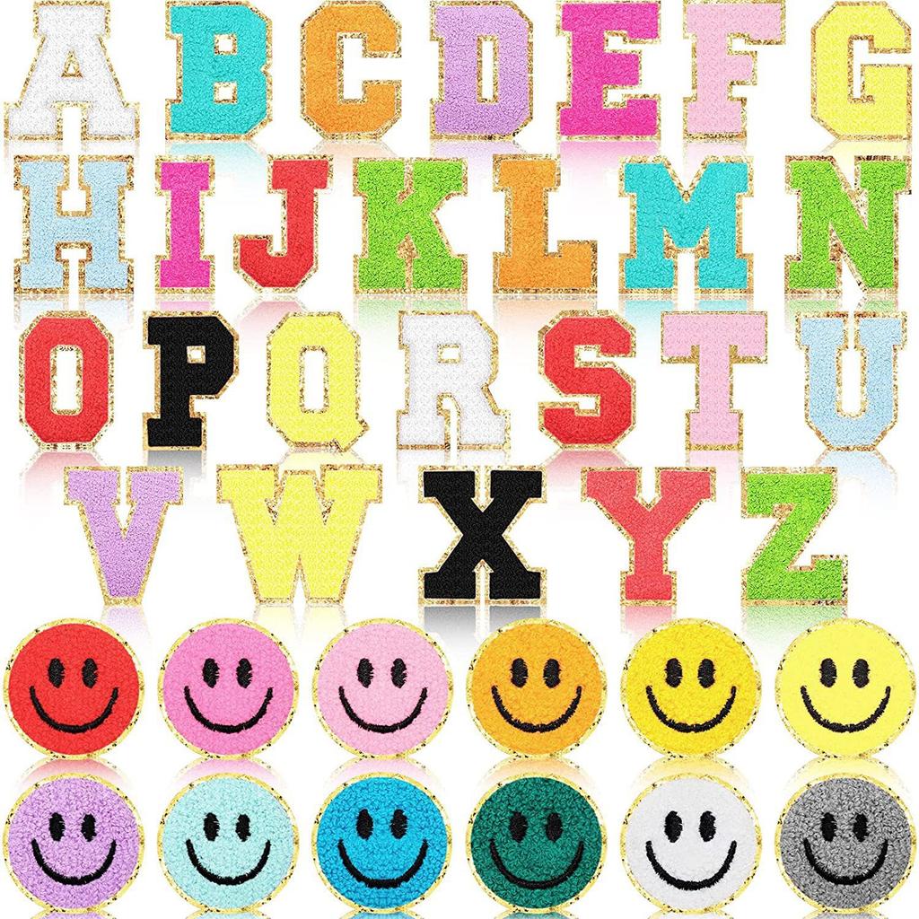 Towel Embroidery English Letter Embroidery Cloth Sticker Smiley Face Patch Sticker Ironing Chenille Rainbow Love Lightning Embroidery Sticker