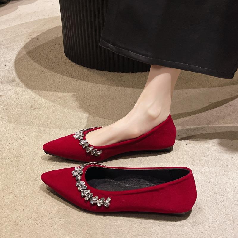 Spring New Single Shoe Women Fashion Pointed Shallow Mouth Suede Glitter Soft Sole Anti-slip Wear-resistant Flat Shoes