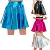 Women High Waist Flare Skirt Glossy Metallic Shiny Ruffle Party Dancewear Club Stage Costume Skirt