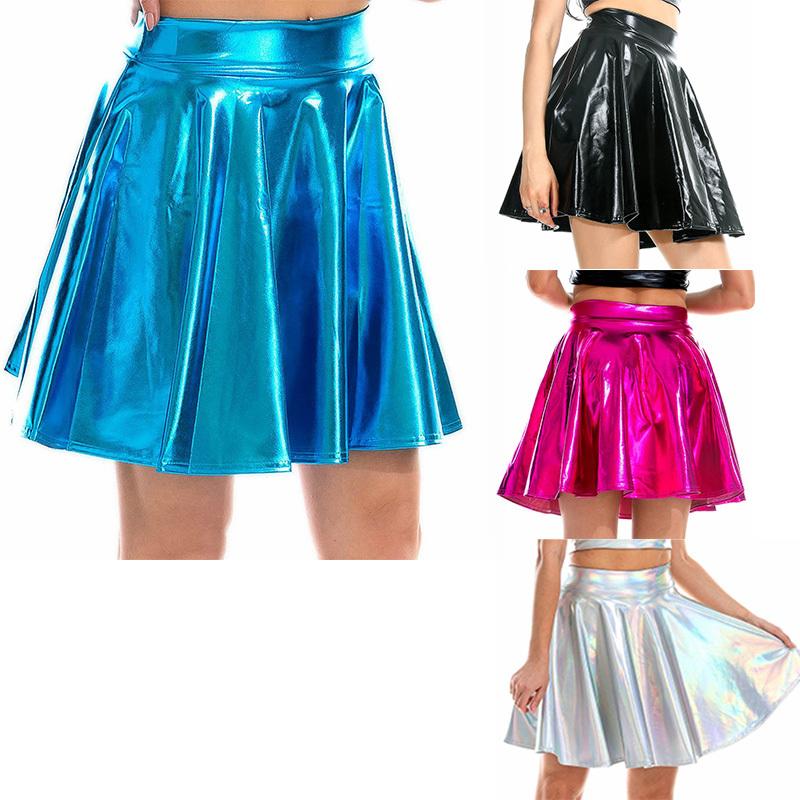 Women High Waist Flare Skirt Glossy Metallic Shiny Ruffle Party Dancewear Club Stage Costume Skirt