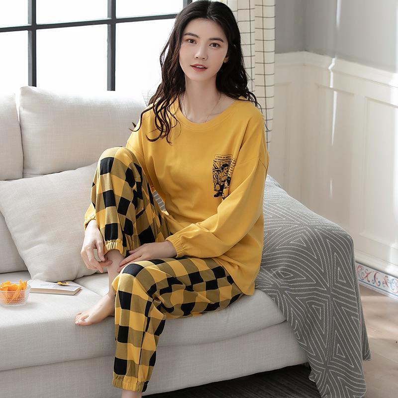 Aifen Teng Women's Pajamas Set: Pure Cotton, Long Sleeve, Long Pants, Casual Home Wear, Suitable for Spring, Autumn, and Winter.