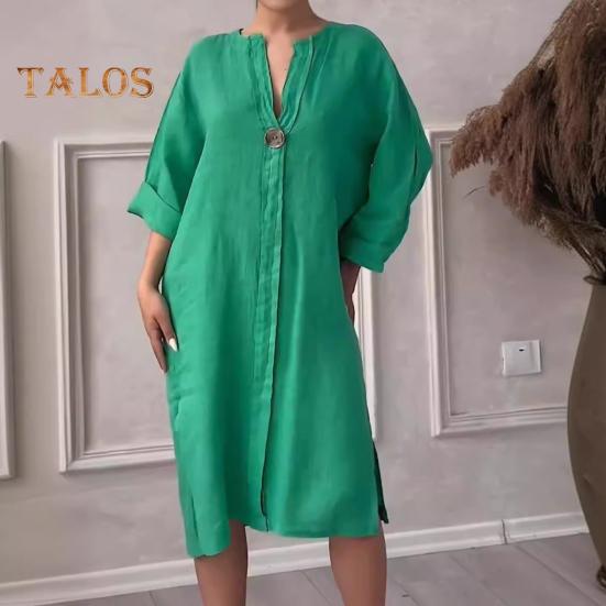 Robe mi-longue ample à col en V et manches trois-quarts pour femme, couleur unie, ourlet fendu, boutons décoratifs, tenue quotidienne décontractée