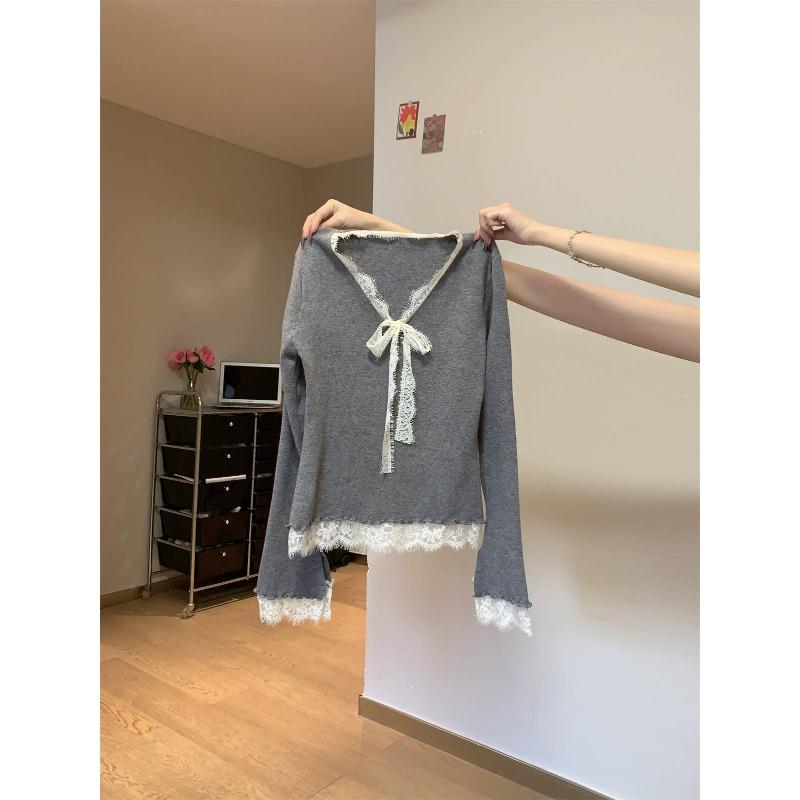 V-neck gentle lace knitted sweater spring pure desire slim-fit backing sweater bow inside top