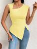 Women's European & American Elegant Style Slanted Neck Slim Fit T-shirt 2026 - Pure Color Short Sleeve Top