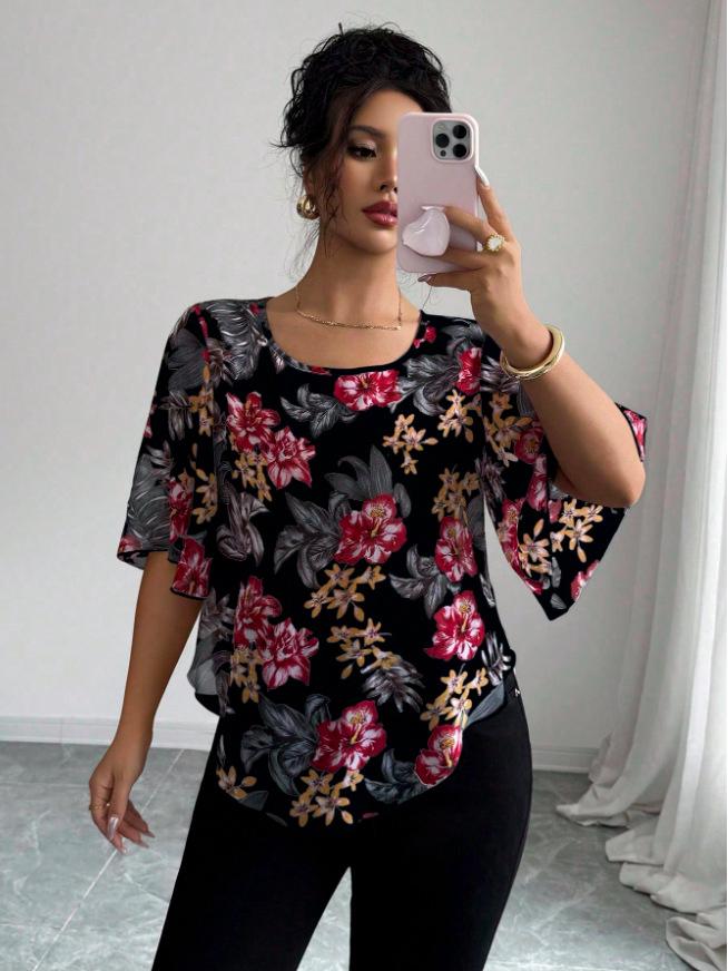 2026 Elegant European & American Chiffon Print Flare Sleeve Semi-Sheer Top for Women