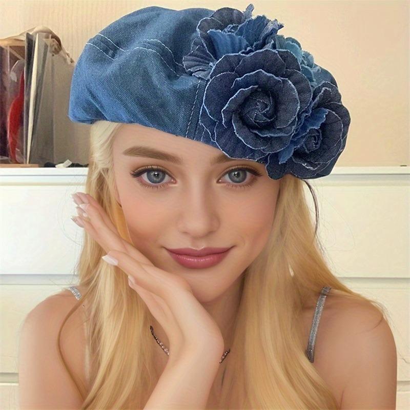 Ladies Denim Beret Hats Flower Cowboy Vintage Hat Women Retro Casual Painter Hat Female Trendy Spring Autumn Hat