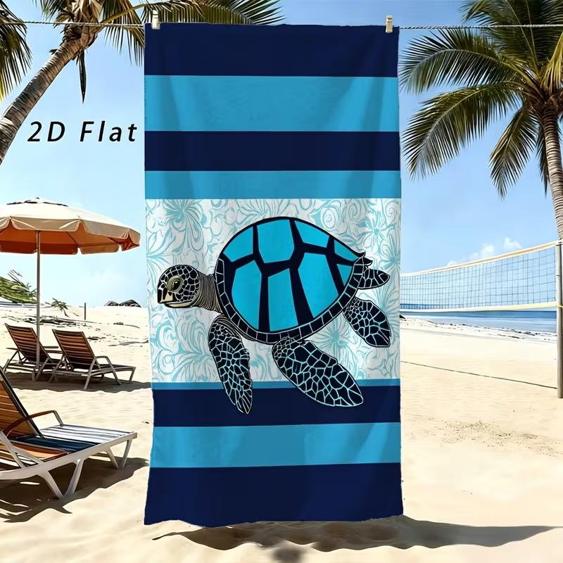 Striped Sea Turtle Hibiscus Floral Beach Towel Quick Dry Sand Free Towel Nautical Coastal Style Summer Beach Blanket