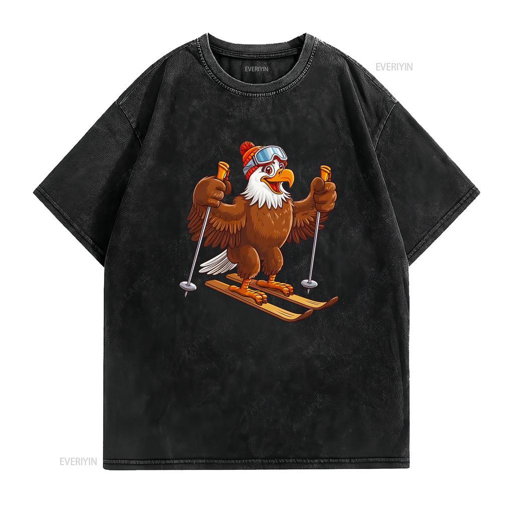 Eagle Skiing Skier Fun Cartoon Ski T Shirt Vintage Washed Breathable Unisex Slightly Versatile Graphic Stretched Homme