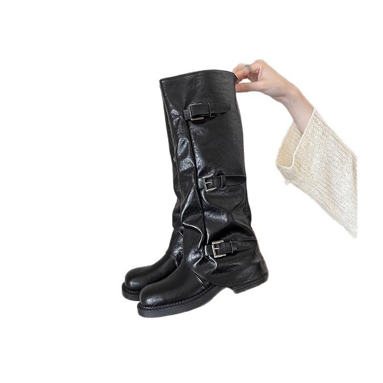 [Factory Making Goods] Retro 2025 Spring and Autumn New Fashionable Belt Buckle Square Round Head Pleated Medium Tube Martin Boots