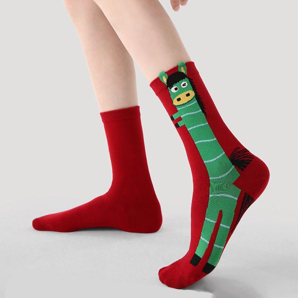3Pairs Cartoon Year of The Horse Socks Mid Calf Red Cotton Socks Funny Zodiac Year Socks  Women