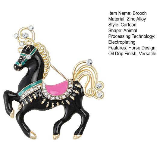 Brooch Zinc Alloy Enamel Pin Carousel Horse Pin with Rhinestones Encrusted Saddle Mane Coat Bag Hat Scarf Accessory
