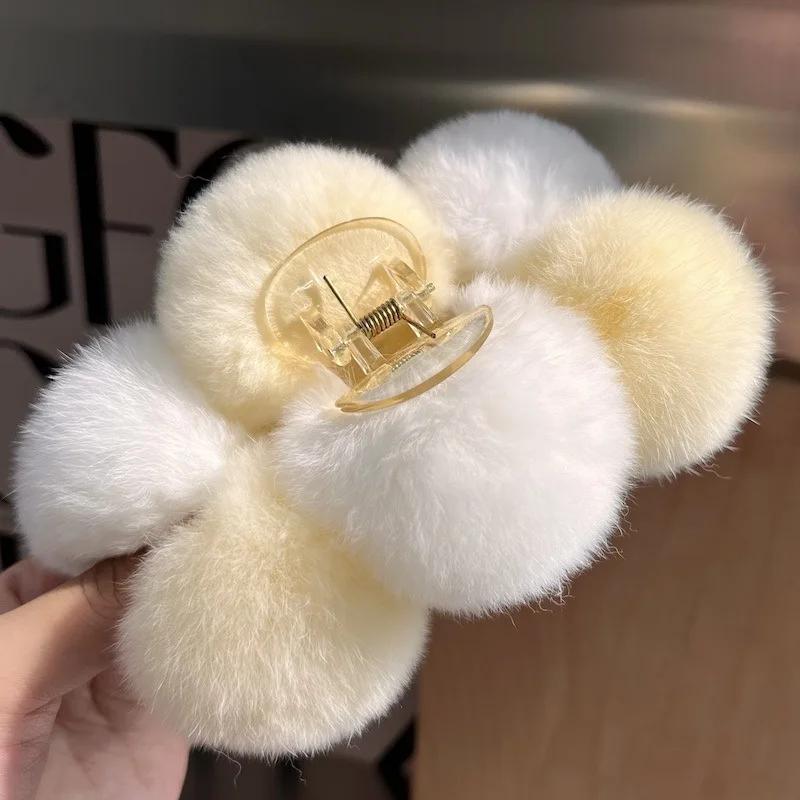 YHJ Oversize Hairball Hair Claw Clips Winter Faux Rabbit Fur Crab Hair Clip Headband for Women Grab Clamp Hair Accessories