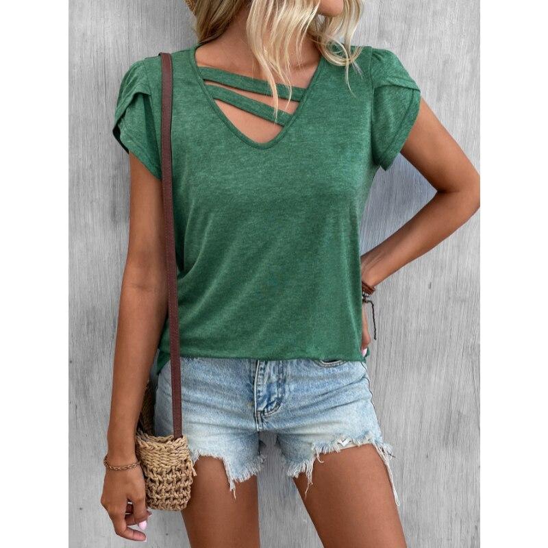 Fashion V-Neck Tops Sweet Casual Shirt Summer 2023 Petal Sleeve Blouse Female Loose Solid Shirt Women Blusas Elegant 26036