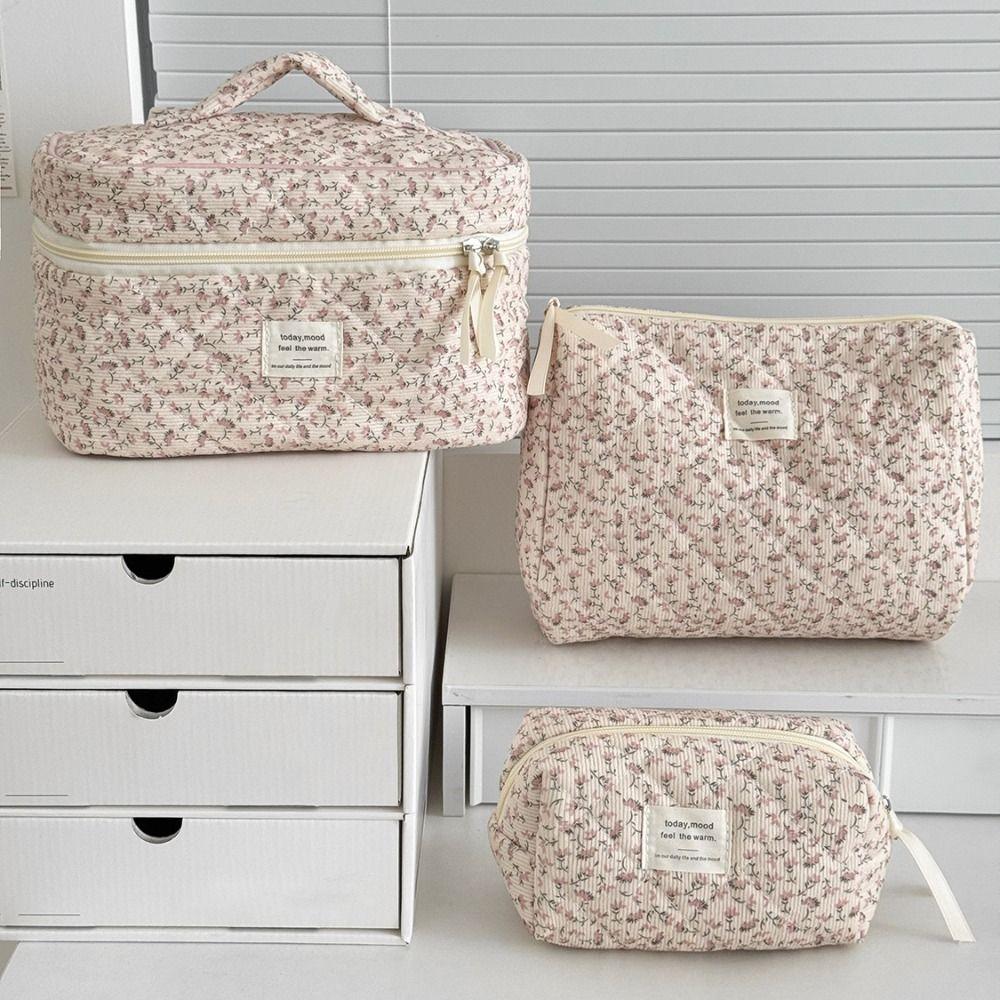 Portable Corduroy Aesthetic Cosmetic Organizer Large Capacity Zipper Floral Makeup Pouch Toiletry Bag Cosmetics