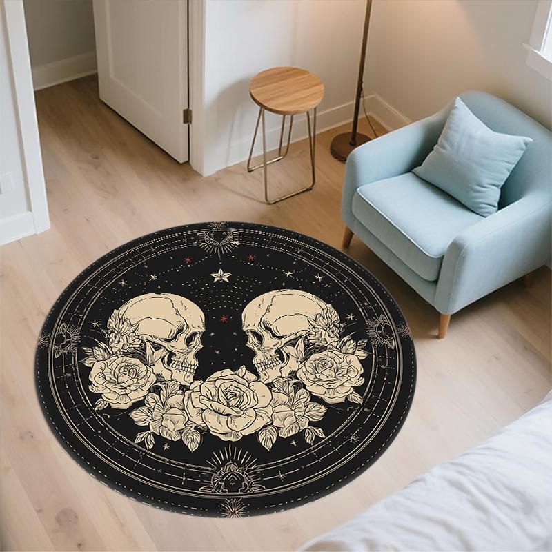 Skull and Rose pattern round rug,Carpet Rug for Living Room Bedroom Sofa Playroom Decor,Non-slip Floor Mat,Holiday Gifts and Birthday Gifts