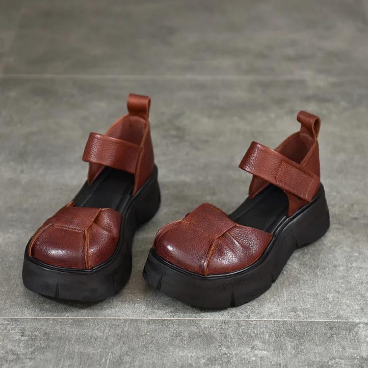 Johnature Ретро легкі сандалі на товстій підошві з натуральної шкіри, римські жіночі туфлі на платформі