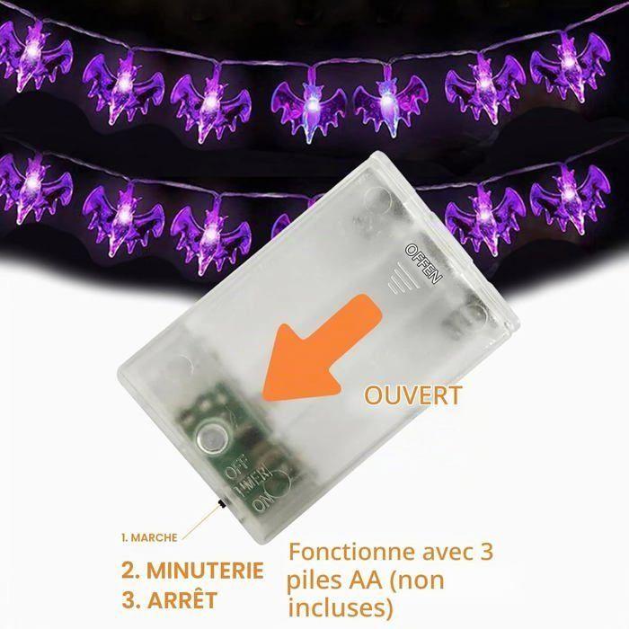 Guirlande lumineuse Halloween - AIMOONSA - Guirlande chauve-souris 20 LED violet - 3 m - À piles - Minuterie