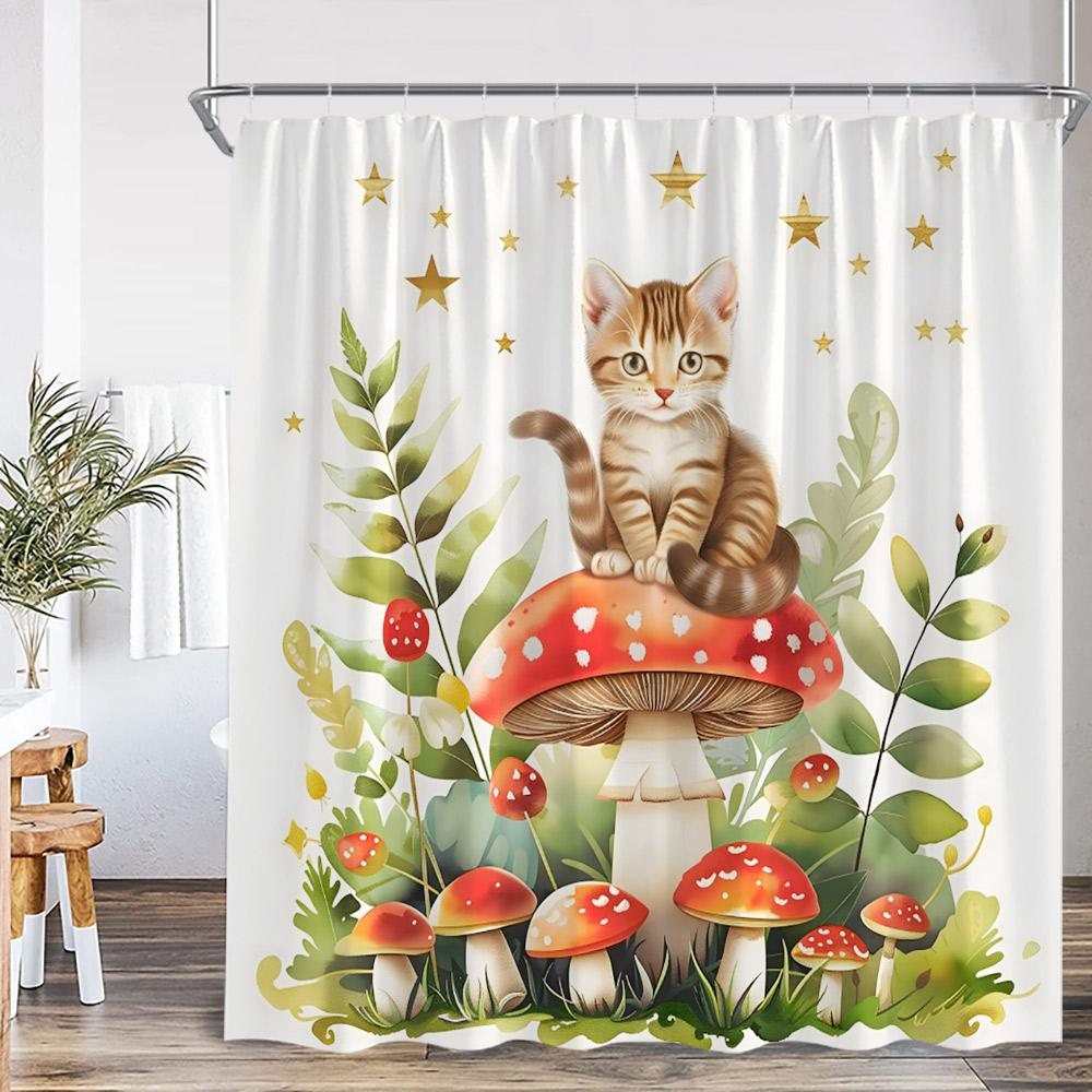 Cats Animal Print Shower Curtain Cartoon Cat Mushroom Hello Sweet Cheeks Modern Polyester Fabric Bathroom Decor Curtain Cloth