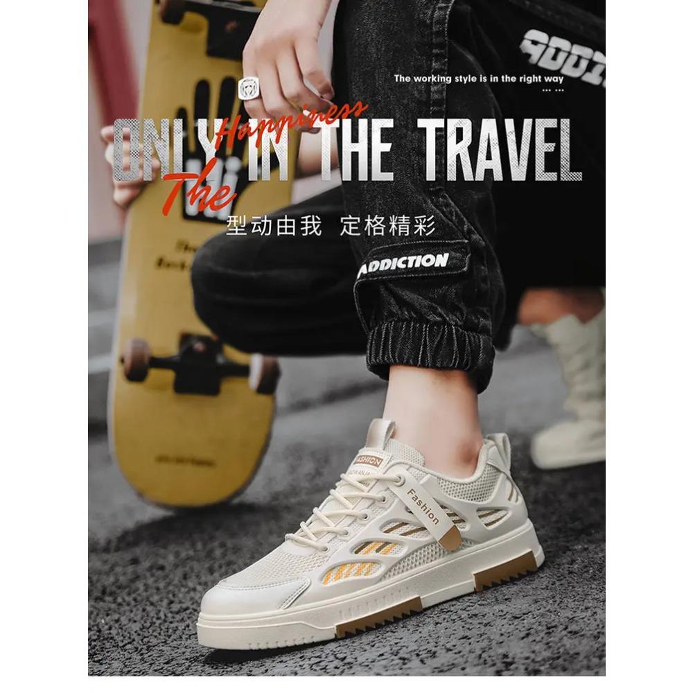 Trendy and versatile white shoes, 2025 summer new breathable mesh shoes, men's student sports and leisure board shoes