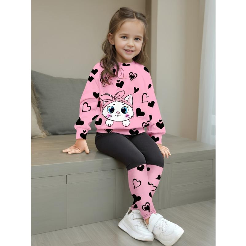 Girls' Summer New Arrival Fashion Heart Print Round Neck Long Sleeve T-Shirt + Casual Patchwork Pants Set with Cute Cat Pattern Two-Piece Outfit