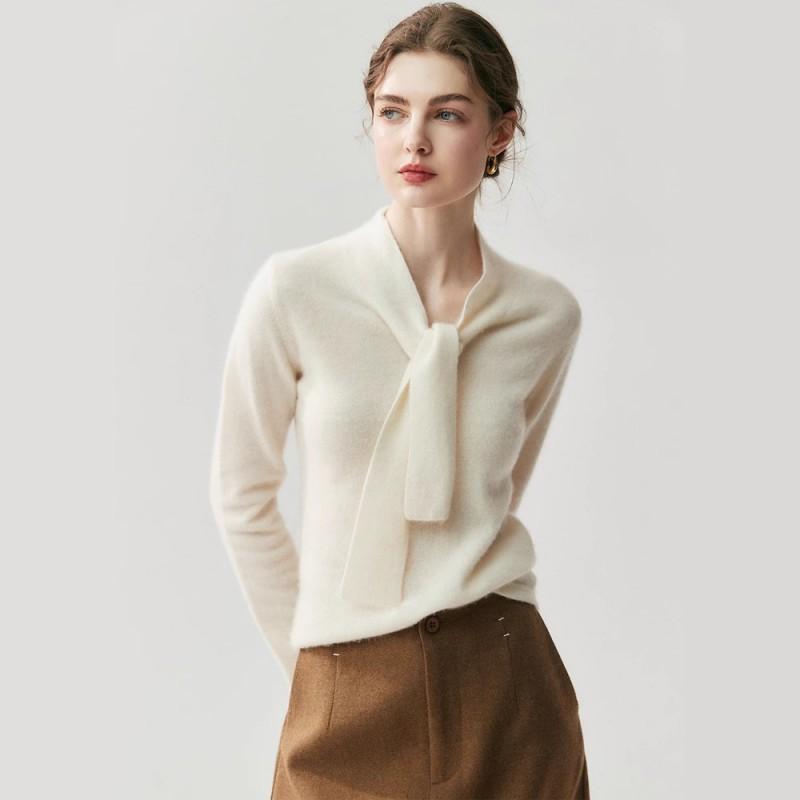 Womens Cashmere Blend Knit Sweater With Scarf Collar Loose Fit Slimming Top