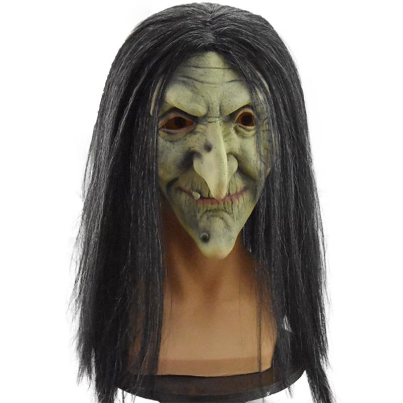 Evil Classic Old Witch Ghost Halloween Prank Mask Halloween Party Costume Black-Haired Witch Latex Headgear Black-haired green witch