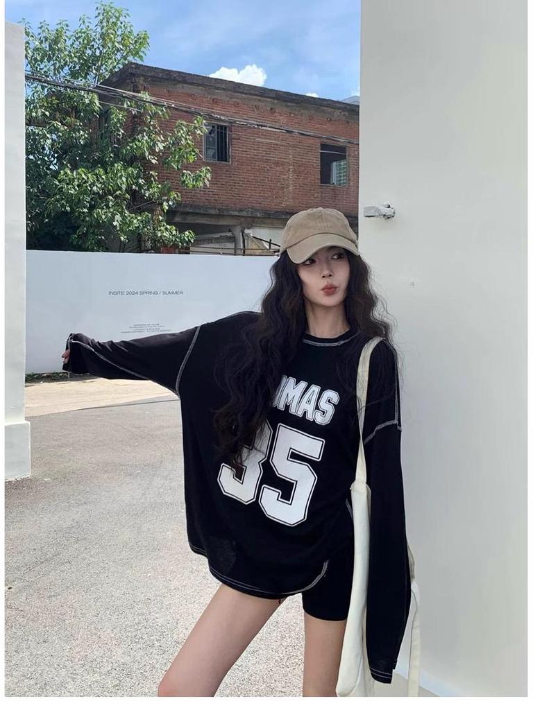 Jinliang Cienka Bawełna Lycra Koszulka z Długim Rękawem - Luźny Krój, Styl Casual