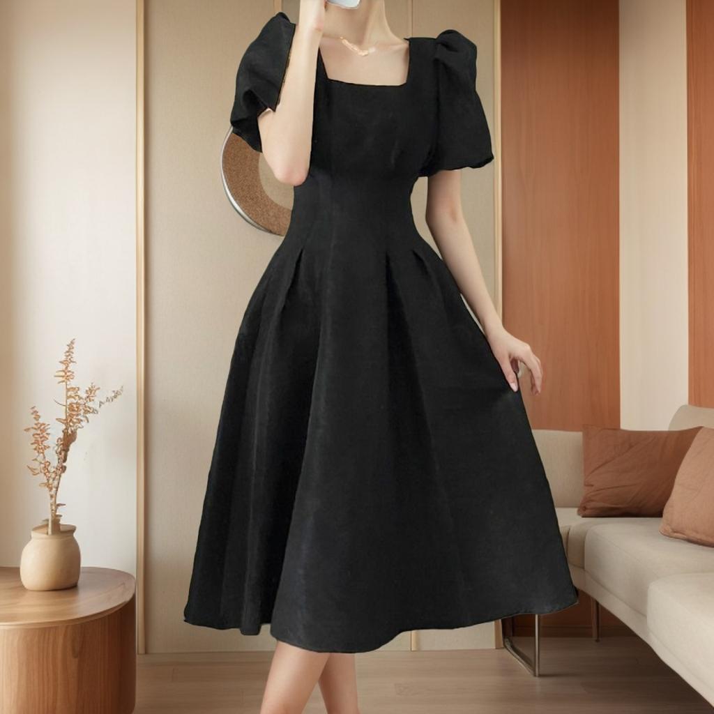 [Double-layer with Lining] Medium and Long Dress, Summer New Bubble Sleeve Fairy A-shaped Dress