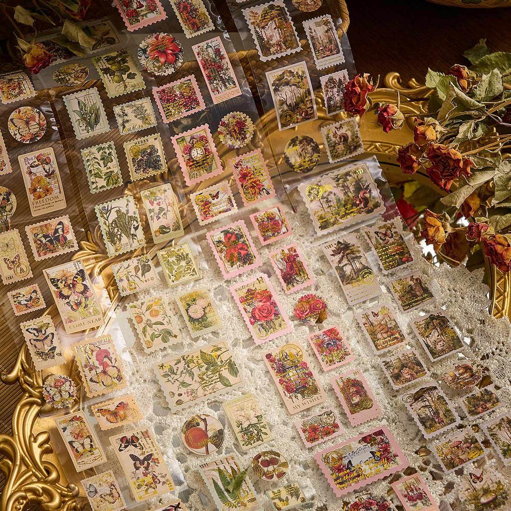 5.5*200cm Vintage Postal Stamps Tape, Gold Embossed Scrapbooking Supplies, Decorative Phone Background Sticker