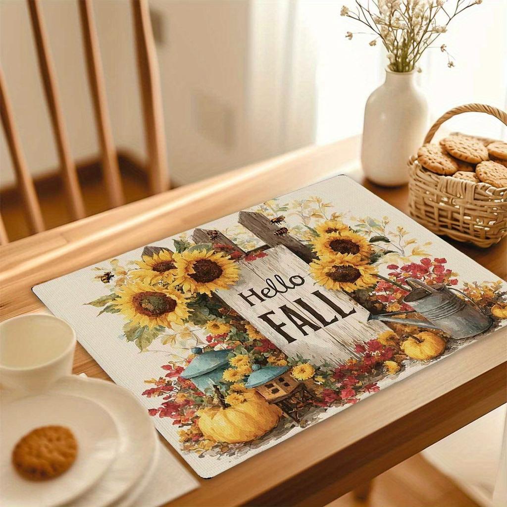 Rectangular Placemats for Kitchen and Dini 4pcs Set of Sunflower "Hello Fall" Printed Placemats - Natural Atmosphere Table Mats