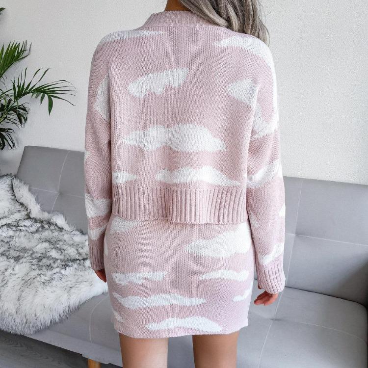 Women Autumn Winter Two Piece Suit Printed Knit Sweater Skirt Cover Sizes S to L Hip