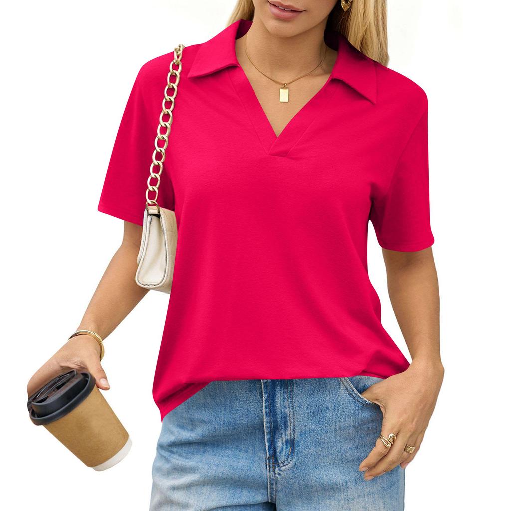 Women's Fashion Casual Lapel Short Sleeve Solid Color Shirt Women's Up Tops