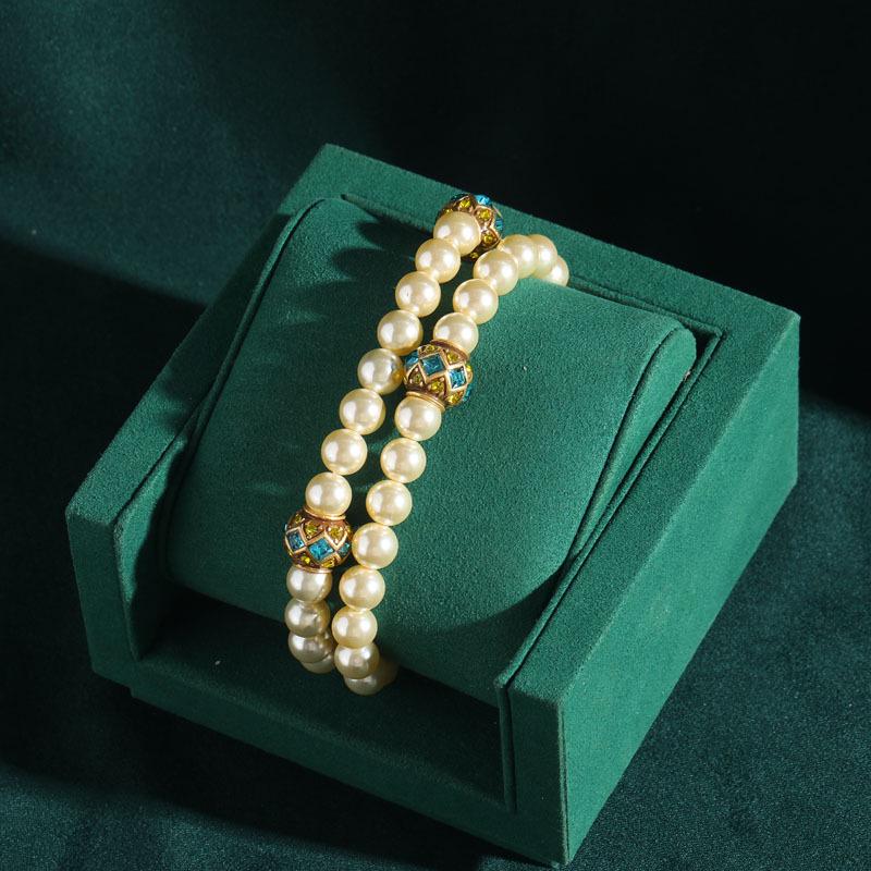 Yong Nuo Vintage Retro High-End Emerald, Red Agate, Pearl  Colored Diamond Double Layer Women s Bracelet