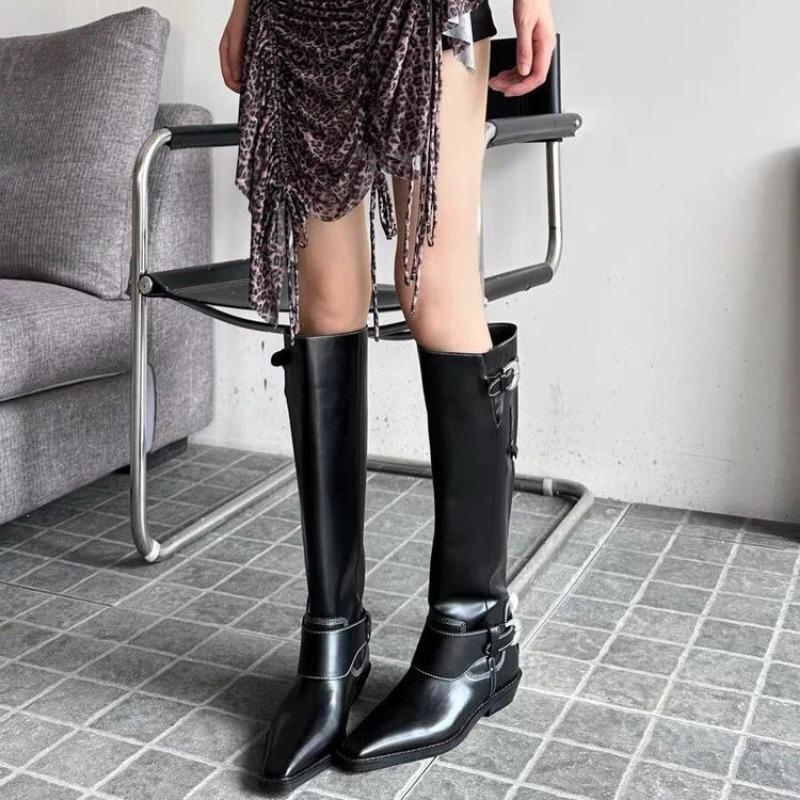 Fashion Women Western Cowgirl Boots Fashion Slip On Belt Buckle Shoes Retro Style Autumn Winter Ladies Knight Long Booties