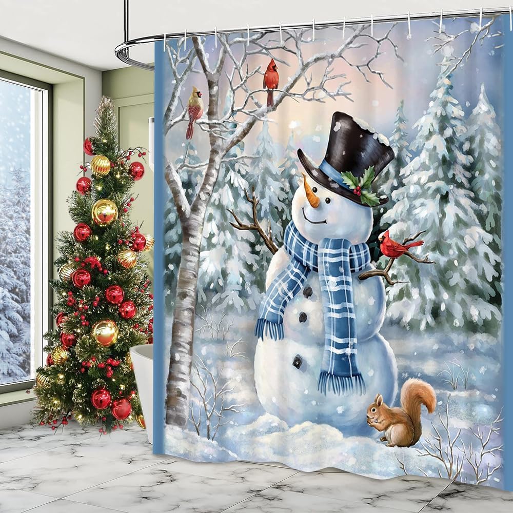 Winter Snowman And Cardinals Shower Curtain Christmas Wonderland Trees Holiday Bathroom Curtain For Decor Waterproof Fabric Sets