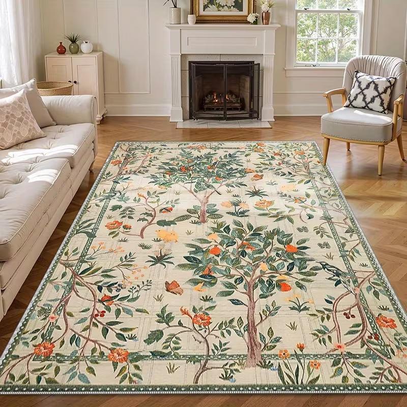 Vintage Cottagecore Floral Area Rug Retro Botanical Flower Soft Non-Slip Carpet Boho Illustration Design Living Room Bedroom Rug