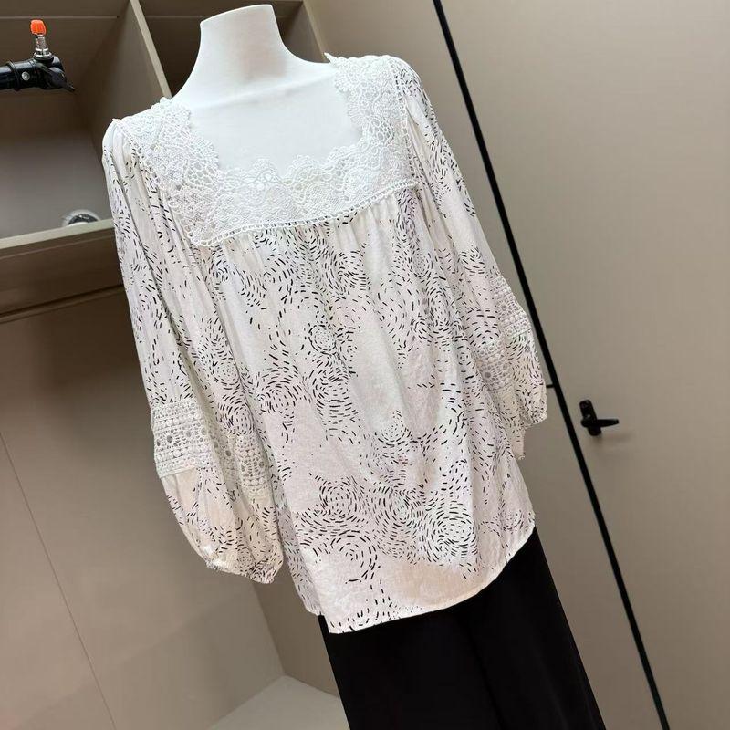 

Square Collar Lace Embellished Puff Sleeves Cotton Silk Plaid Breathable Tops Pullover Shirt White S
