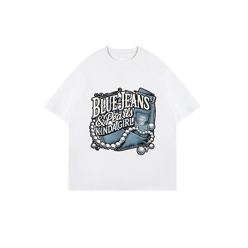 Black Oversized T-Shirt Blue Jeans And Pearls Kinda Girl Graphic Print Casual Summer Outfit For Women
