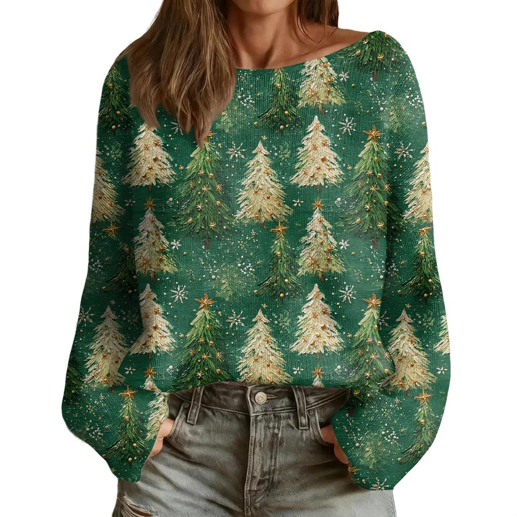 Women's Fashion Round Neck Long Sleeve Christmas Print Casual Pullover Sweater Top